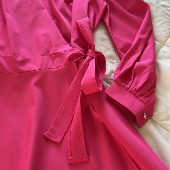 New Without Tag Barbie Pink Wrap Dress Long Sleeves Gold Buttoned Cuff Small - Picture 13 of 17